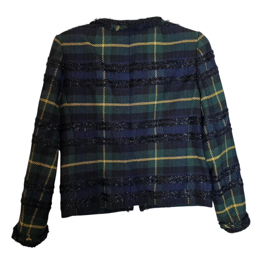 J. Crew Lady Jacket in Lurex Black Watch Plaid Size 2 AE993 xs green yellow blue